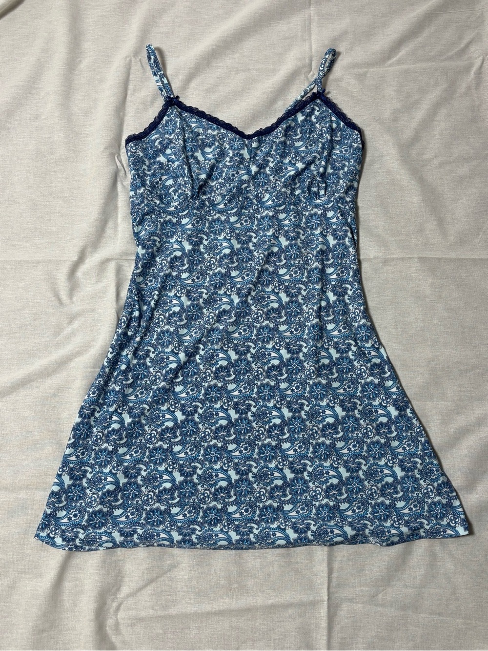 Rene Rofe Blue Paisley Chemise with Navy Lace Trim